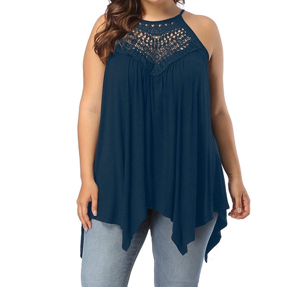 Tops - Plus Size💐Deep Azure Halter Neck Swing Top,2-4X